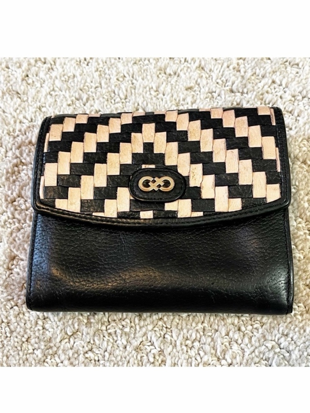 Cole Haan Skylar Woven Vachetta Wallet Leather Black Cream Small ID Credit Card